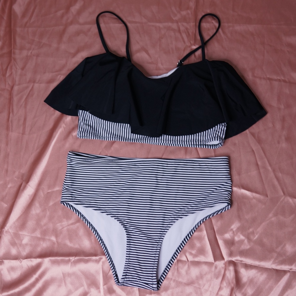Black & White Striped Two Piece Bikini With Flare